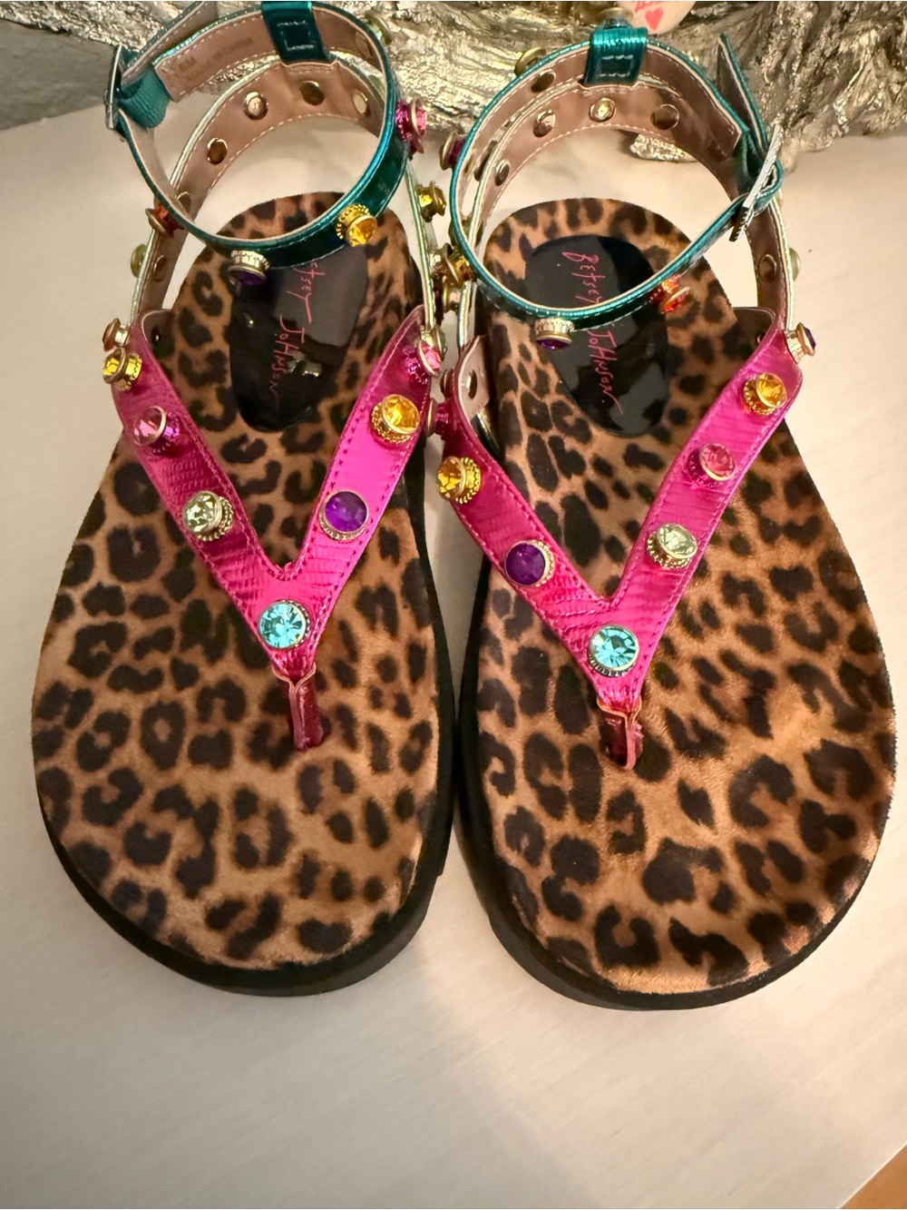 Betsey Johnson Women’s Leopard Print Sandals with Pink Jewel Straps